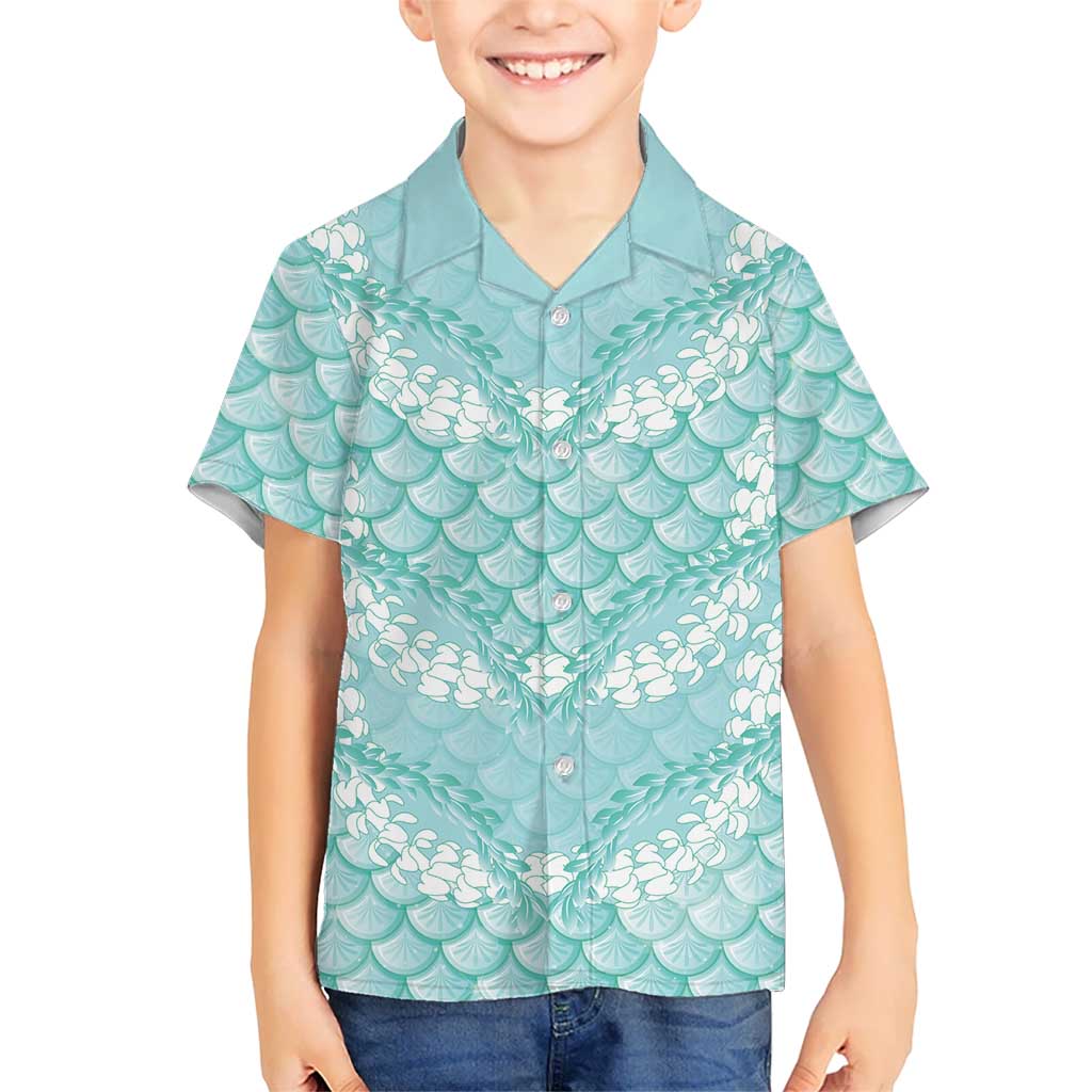 Light Turquoise Mermaid Puakenikeni Maile Lei Family Matching Off The Shoulder Long Sleeve Dress and Hawaiian Shirt