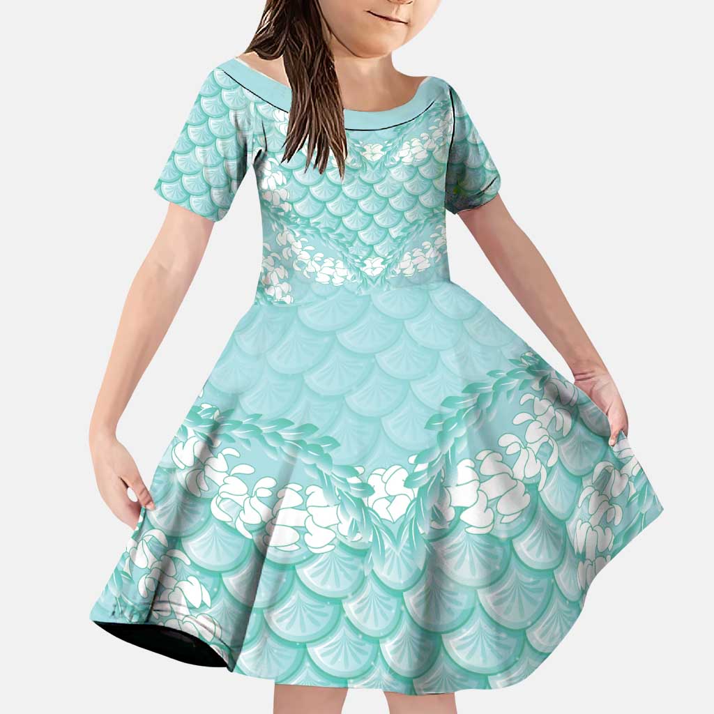 Light Turquoise Mermaid Puakenikeni Maile Lei Family Matching Off Shoulder Maxi Dress and Hawaiian Shirt