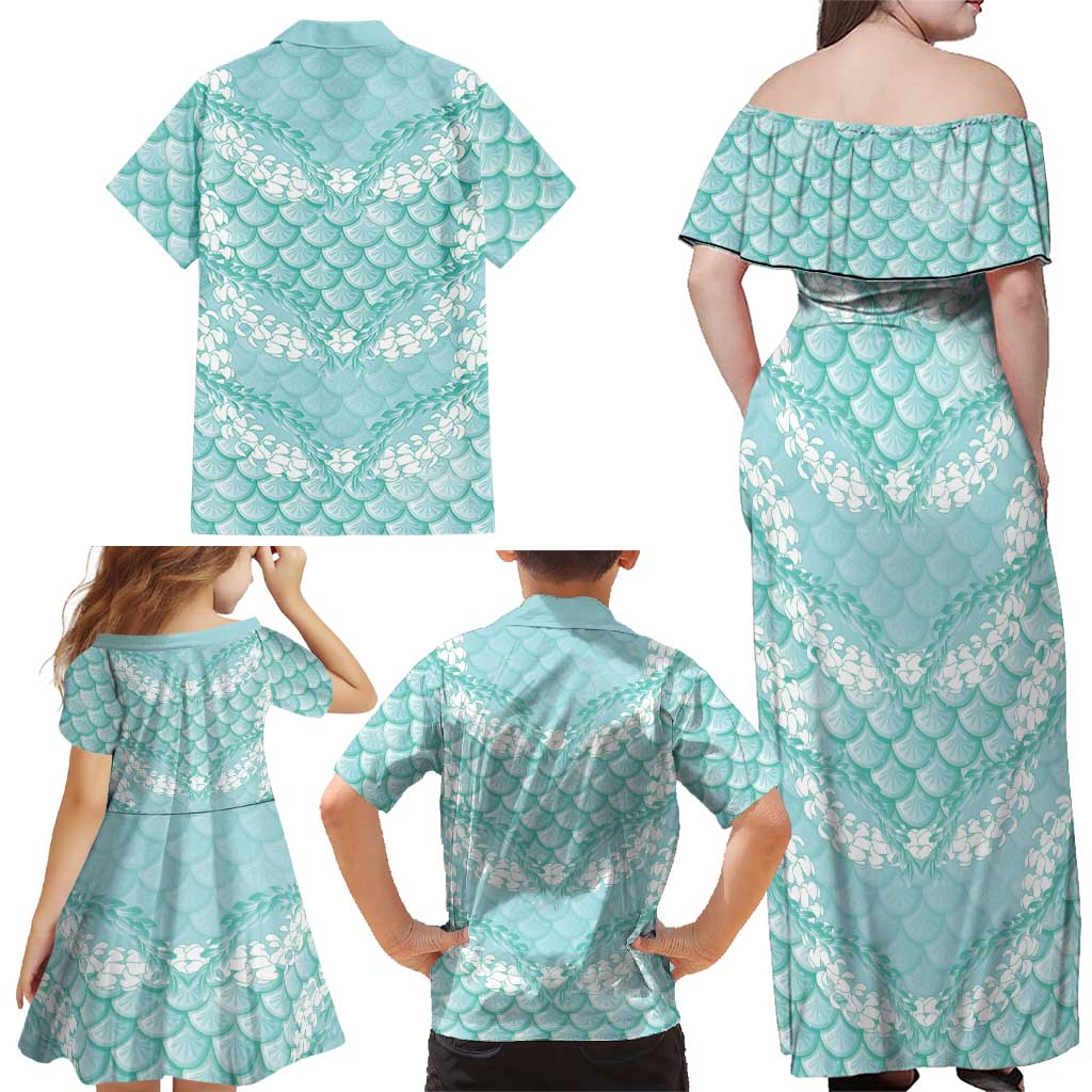 Light Turquoise Mermaid Puakenikeni Maile Lei Family Matching Off Shoulder Maxi Dress and Hawaiian Shirt