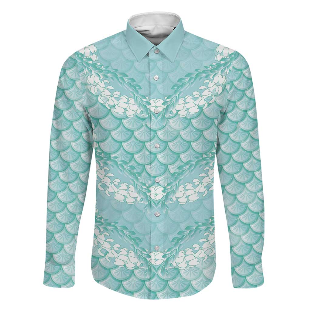 Light Turquoise Mermaid Puakenikeni Maile Lei Family Matching Off Shoulder Maxi Dress and Hawaiian Shirt