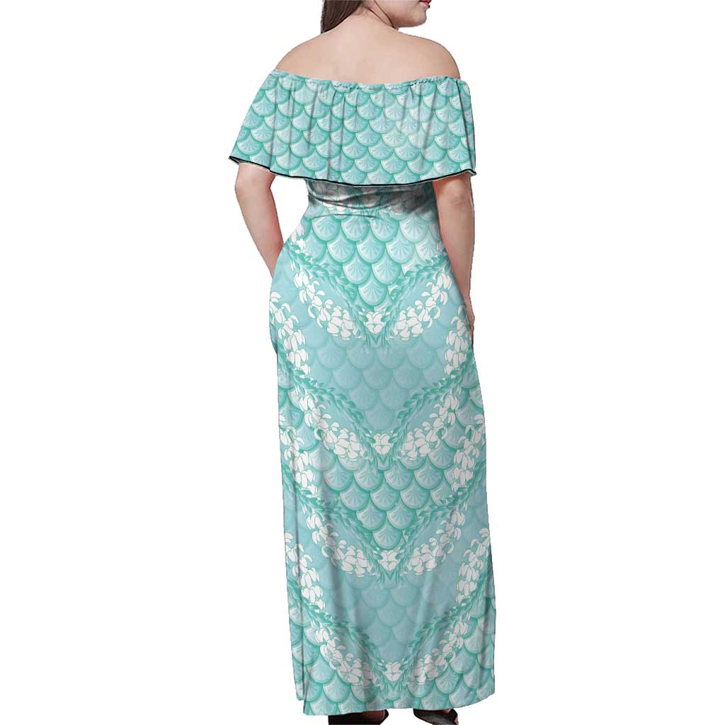 Light Turquoise Mermaid Puakenikeni Maile Lei Family Matching Off Shoulder Maxi Dress and Hawaiian Shirt