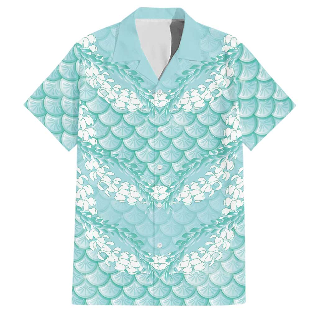 Light Turquoise Mermaid Puakenikeni Maile Lei Family Matching Off Shoulder Short Dress and Hawaiian Shirt