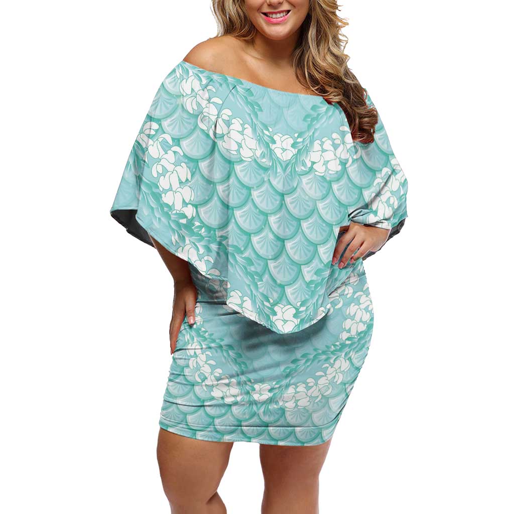 Light Turquoise Mermaid Puakenikeni Maile Lei Family Matching Off Shoulder Short Dress and Hawaiian Shirt