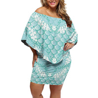 Light Turquoise Mermaid Puakenikeni Maile Lei Family Matching Off Shoulder Short Dress and Hawaiian Shirt