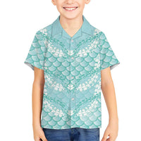 Light Turquoise Mermaid Puakenikeni Maile Lei Family Matching Puletasi and Hawaiian Shirt