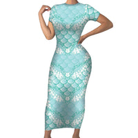 Light Turquoise Mermaid Puakenikeni Maile Lei Family Matching Short Sleeve Bodycon Dress and Hawaiian Shirt
