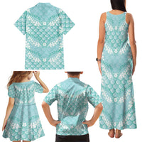 Light Turquoise Mermaid Puakenikeni Maile Lei Family Matching Tank Maxi Dress and Hawaiian Shirt