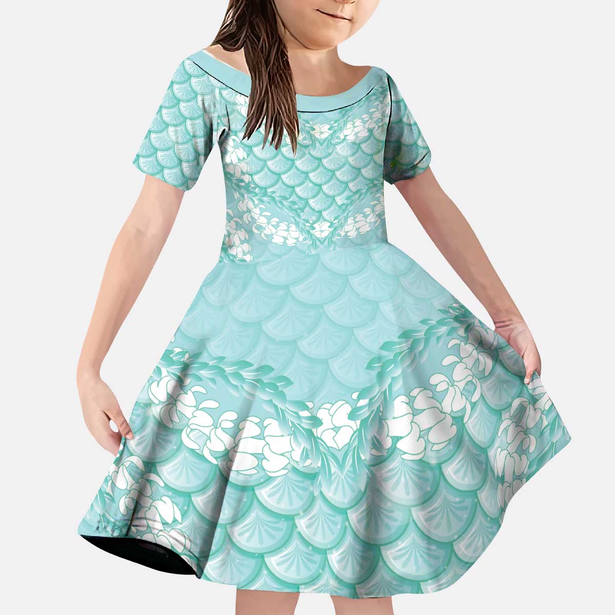 Light Turquoise Mermaid Puakenikeni Maile Lei Kid Short Sleeve Dress LT01 KID Turquoise - Polynesian Pride