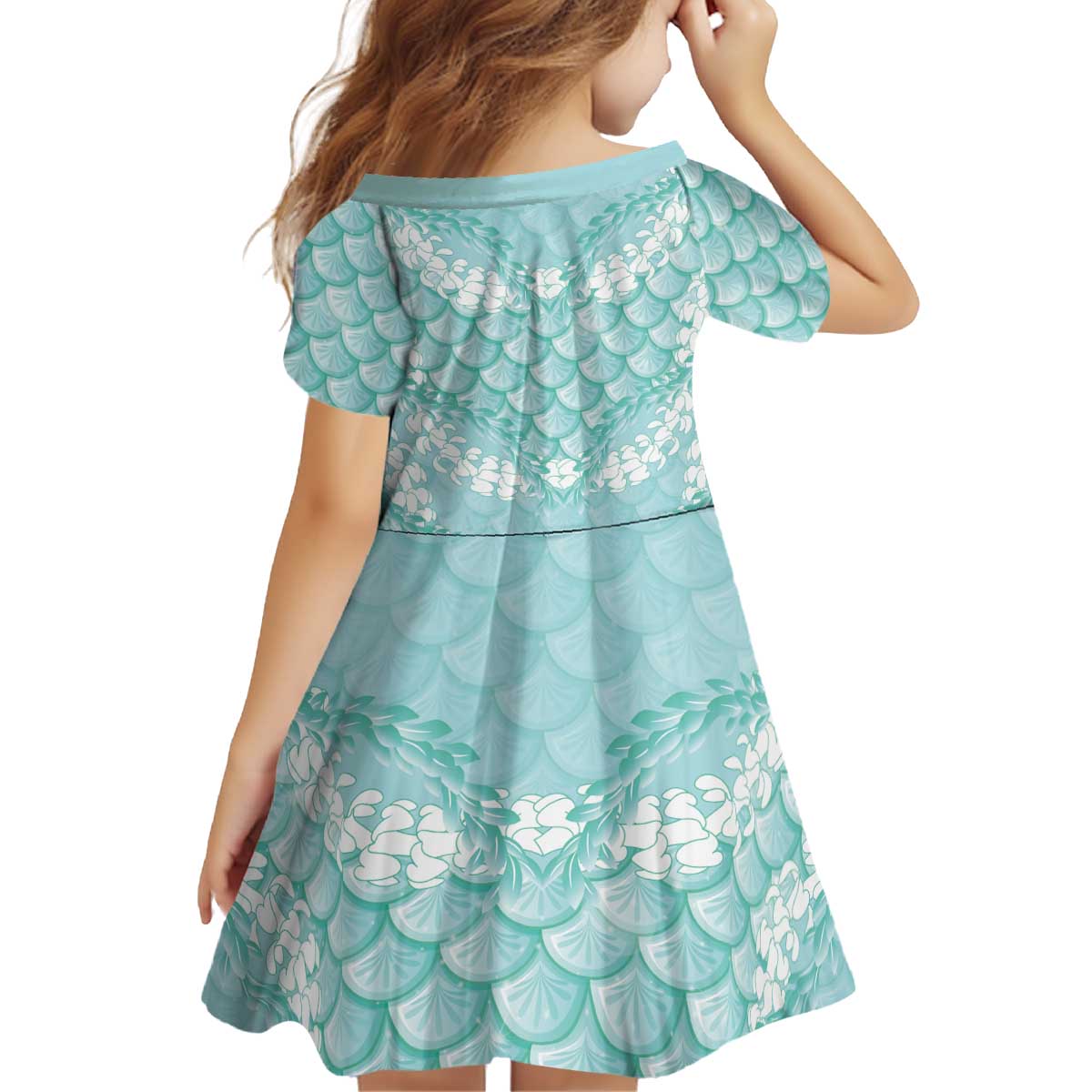 Light Turquoise Mermaid Puakenikeni Maile Lei Kid Short Sleeve Dress LT01 - Polynesian Pride