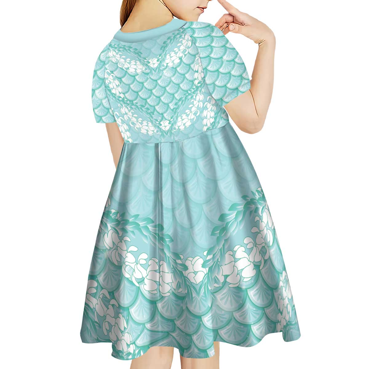 Light Turquoise Mermaid Puakenikeni Maile Lei Kid Short Sleeve Dress LT01 - Polynesian Pride