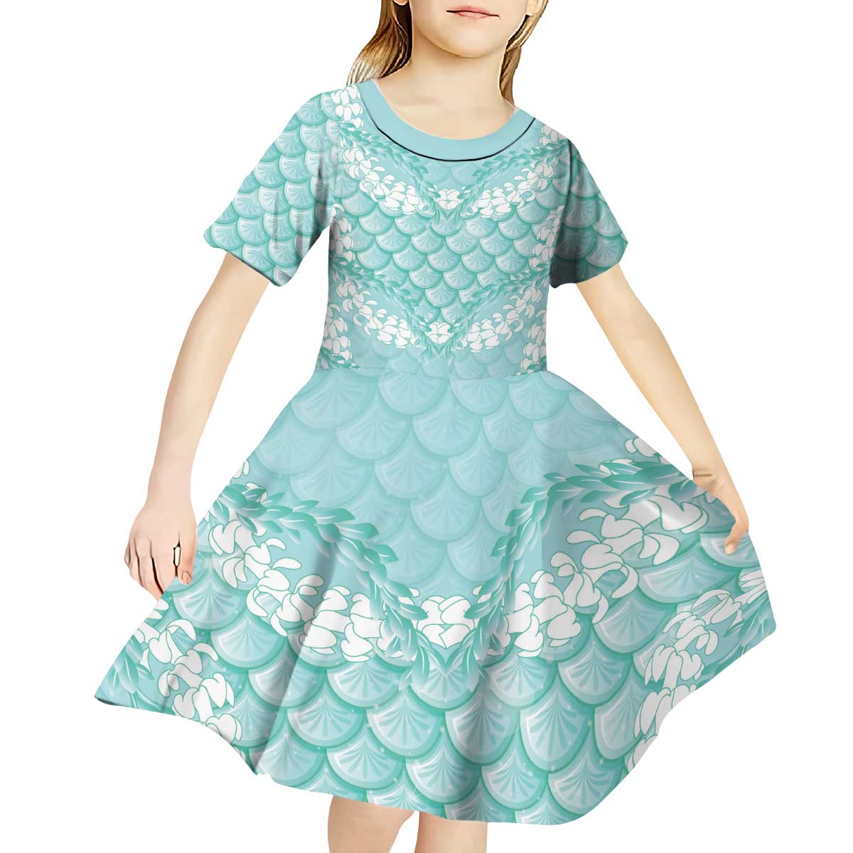 Light Turquoise Mermaid Puakenikeni Maile Lei Kid Short Sleeve Dress LT01 - Polynesian Pride