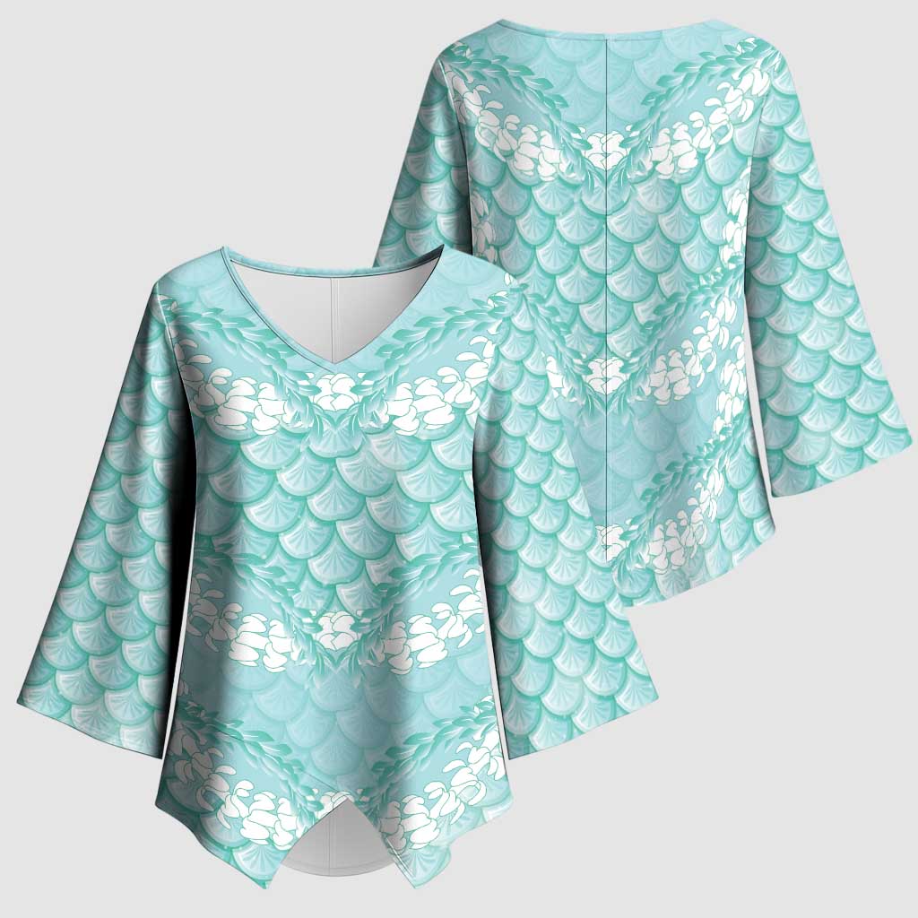 Light Turquoise Mermaid Puakenikeni Maile Lei Kimono Sleeve Blouse LT01 - Polynesian Pride