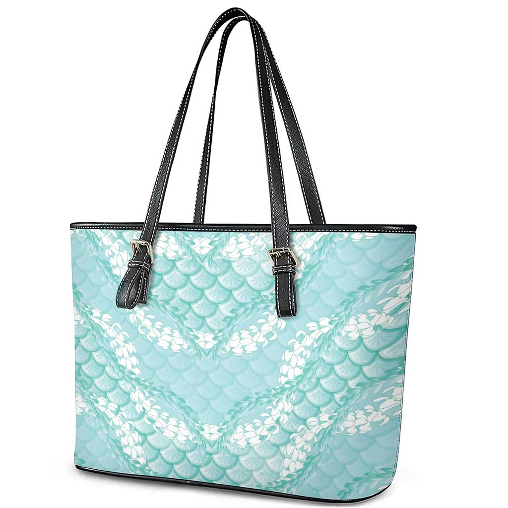 Light Turquoise Mermaid Puakenikeni Maile Lei Leather Tote Bag LT01 - Polynesian Pride