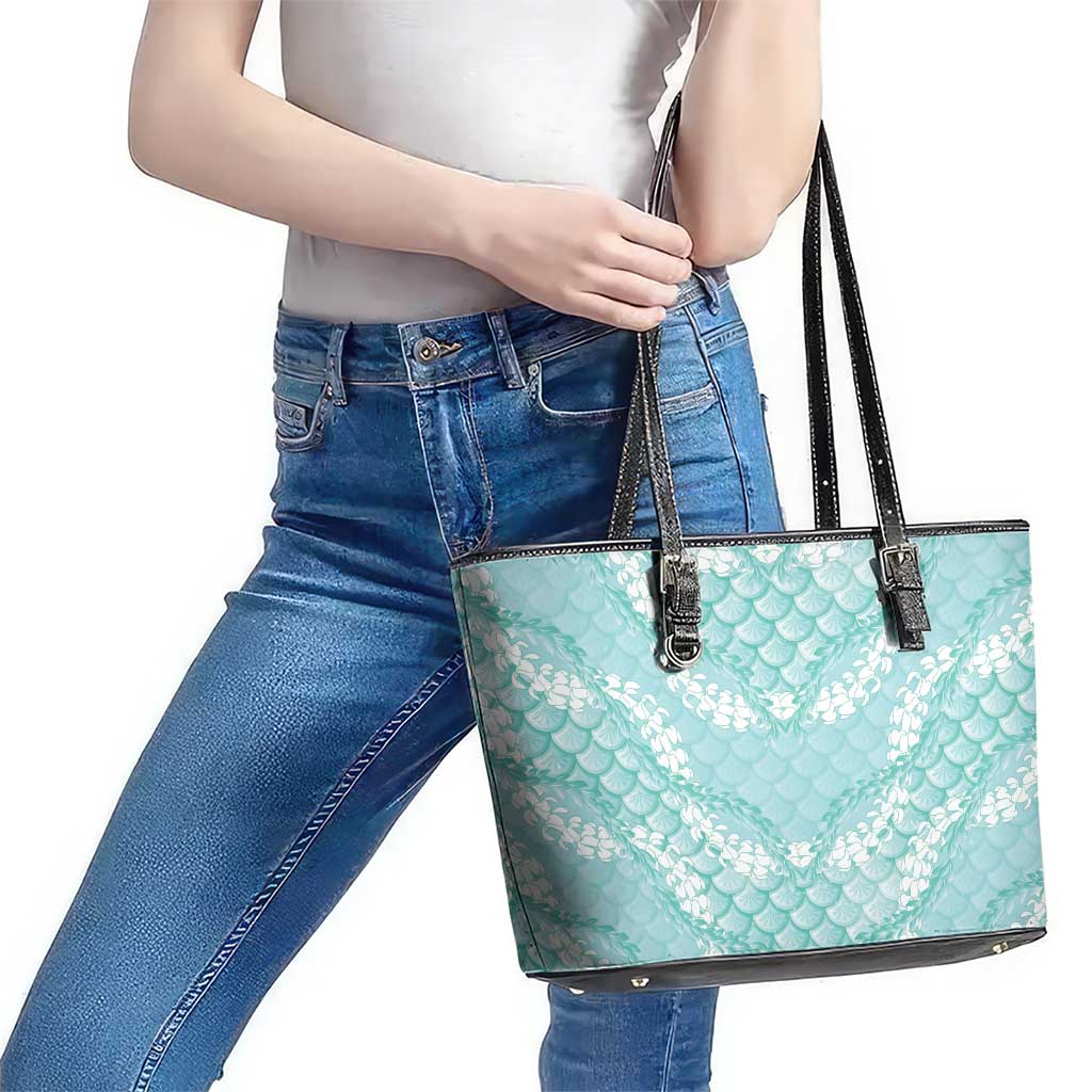 Light Turquoise Mermaid Puakenikeni Maile Lei Leather Tote Bag LT01 - Polynesian Pride