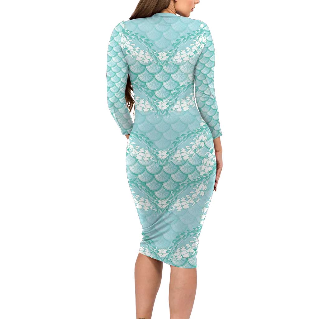 Light Turquoise Mermaid Puakenikeni Maile Lei Long Sleeve Bodycon Dress LT01 - Polynesian Pride