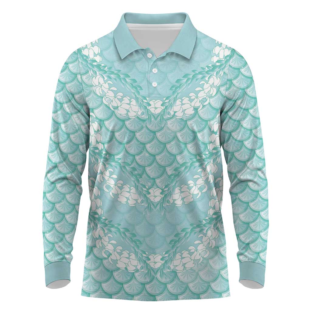 Light Turquoise Mermaid Puakenikeni Maile Lei Long Sleeve Polo Shirt LT01 Turquoise - Polynesian Pride