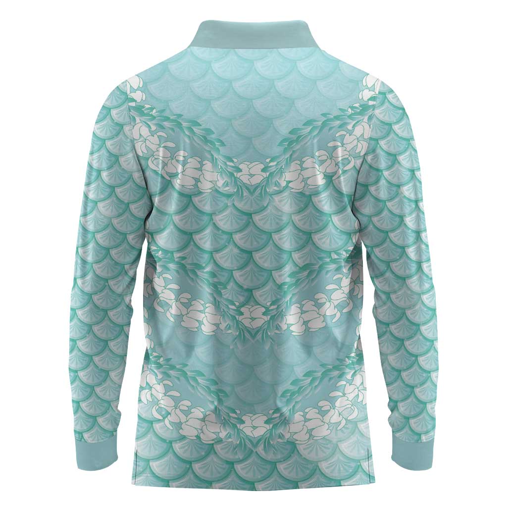Light Turquoise Mermaid Puakenikeni Maile Lei Long Sleeve Polo Shirt LT01 - Polynesian Pride