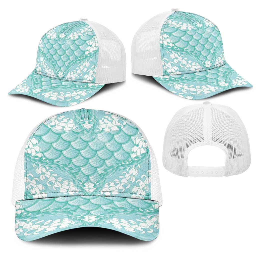Light Turquoise Mermaid Puakenikeni Maile Lei Mesh Trucker Cap LT01 - Polynesian Pride