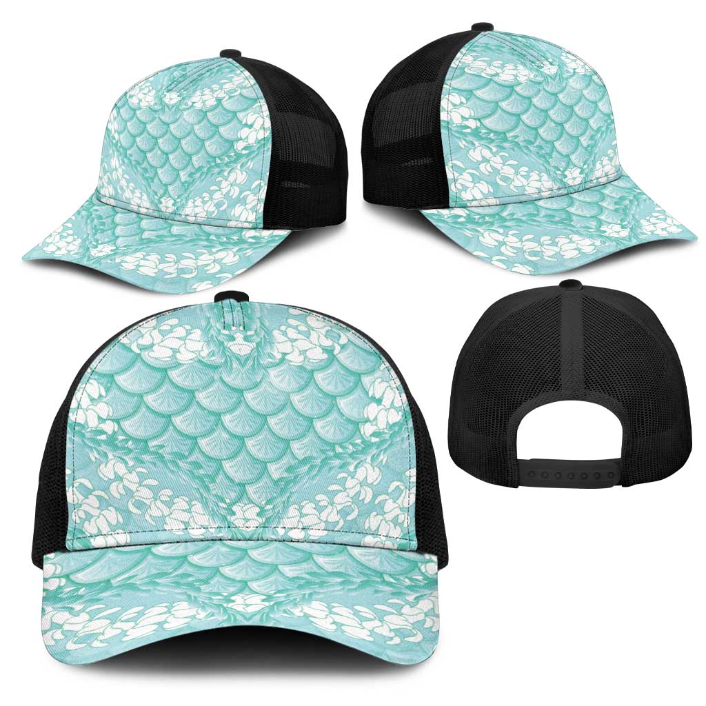 Light Turquoise Mermaid Puakenikeni Maile Lei Mesh Trucker Cap LT01 - Polynesian Pride