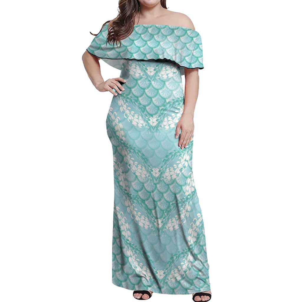 Light Turquoise Mermaid Puakenikeni Maile Lei Off Shoulder Maxi Dress LT01 Women Turquoise - Polynesian Pride