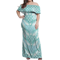 Light Turquoise Mermaid Puakenikeni Maile Lei Off Shoulder Maxi Dress LT01 Women Turquoise - Polynesian Pride