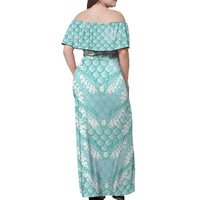 Light Turquoise Mermaid Puakenikeni Maile Lei Off Shoulder Maxi Dress LT01 - Polynesian Pride