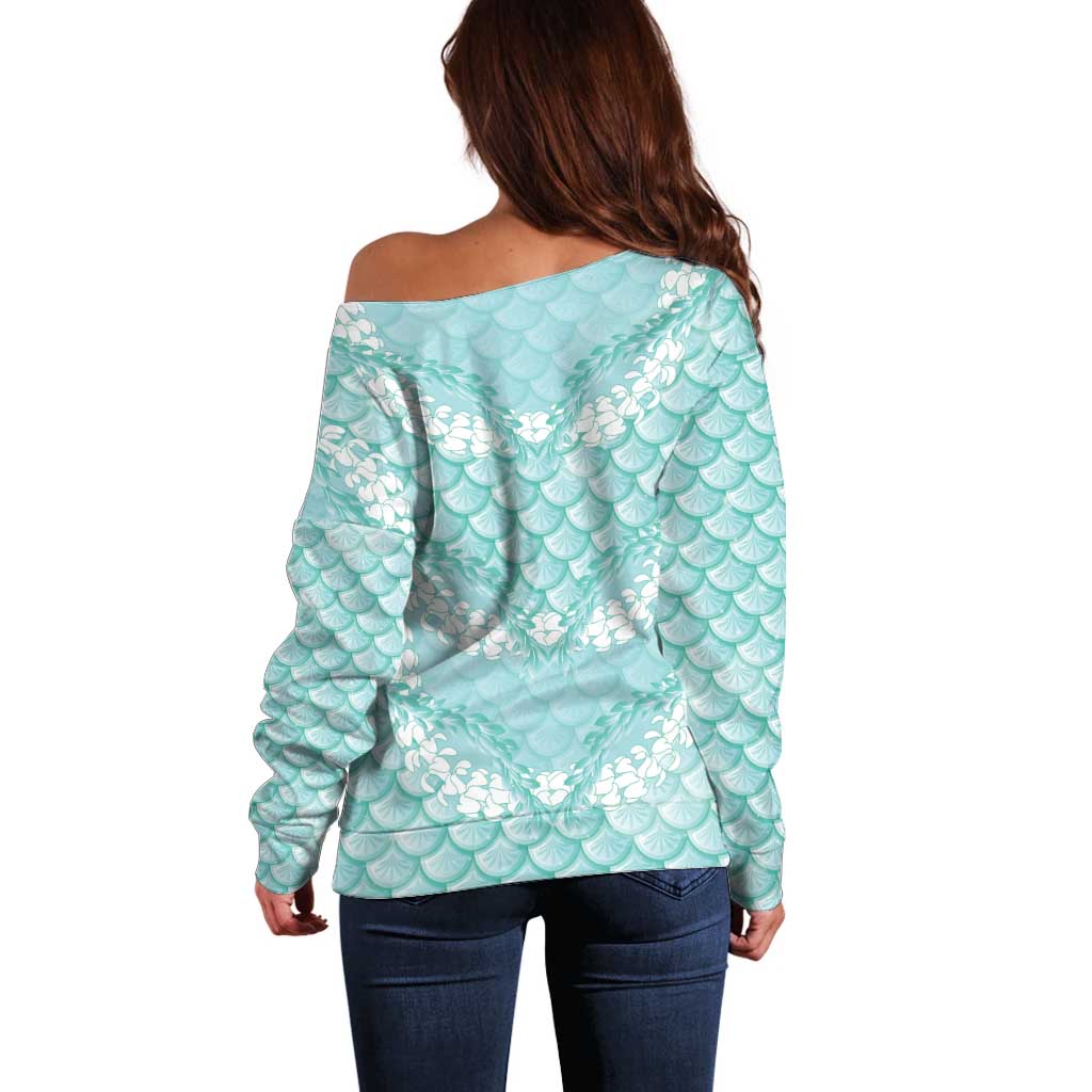 Light Turquoise Mermaid Puakenikeni Maile Lei Off Shoulder Sweater LT01 - Polynesian Pride