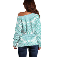 Light Turquoise Mermaid Puakenikeni Maile Lei Off Shoulder Sweater LT01 - Polynesian Pride