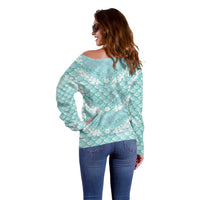 Light Turquoise Mermaid Puakenikeni Maile Lei Off Shoulder Sweater LT01 - Polynesian Pride