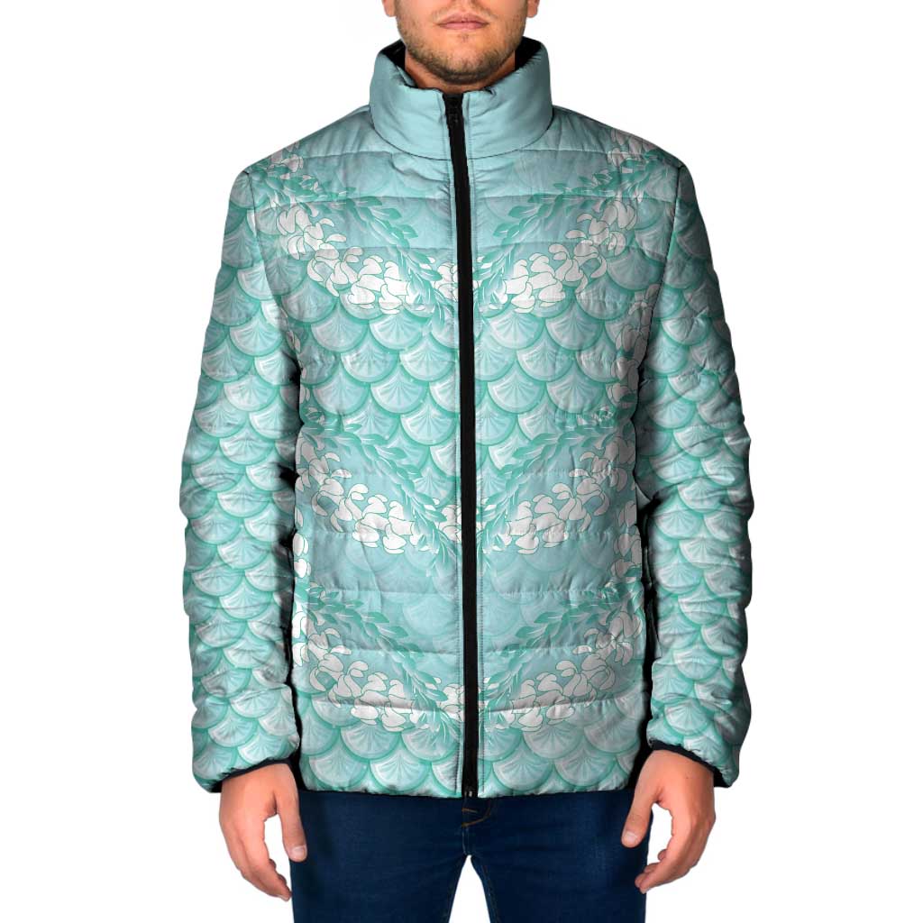 Light Turquoise Mermaid Puakenikeni Maile Lei Padded Jacket LT01 Men Turquoise - Polynesian Pride