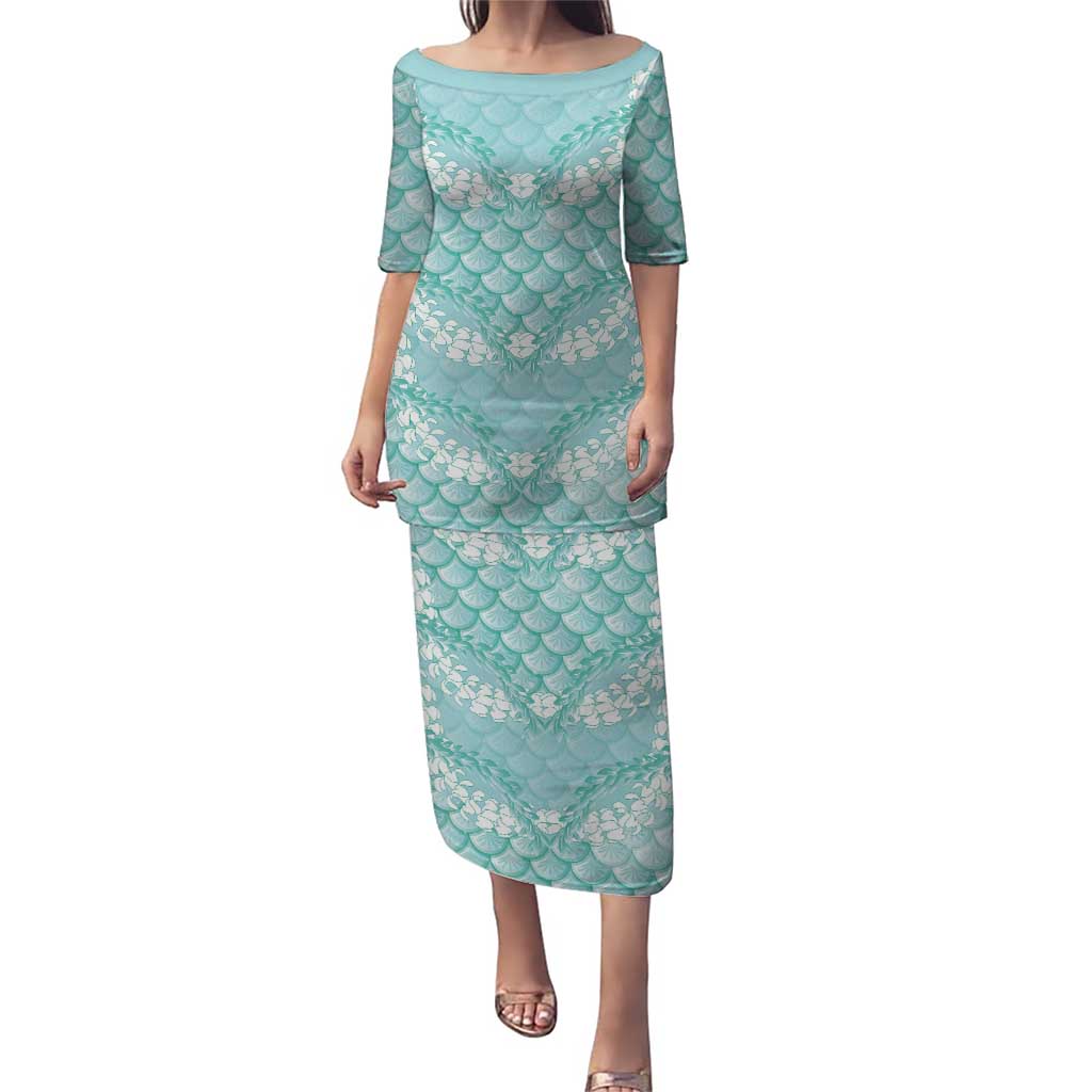 Light Turquoise Mermaid Puakenikeni Maile Lei Puletasi LT01 Long Dress Turquoise - Polynesian Pride