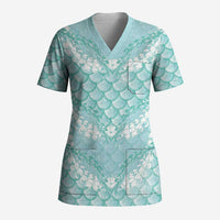 Light Turquoise Mermaid Puakenikeni Maile Lei Scrub Top LT01 Adult Turquoise - Polynesian Pride
