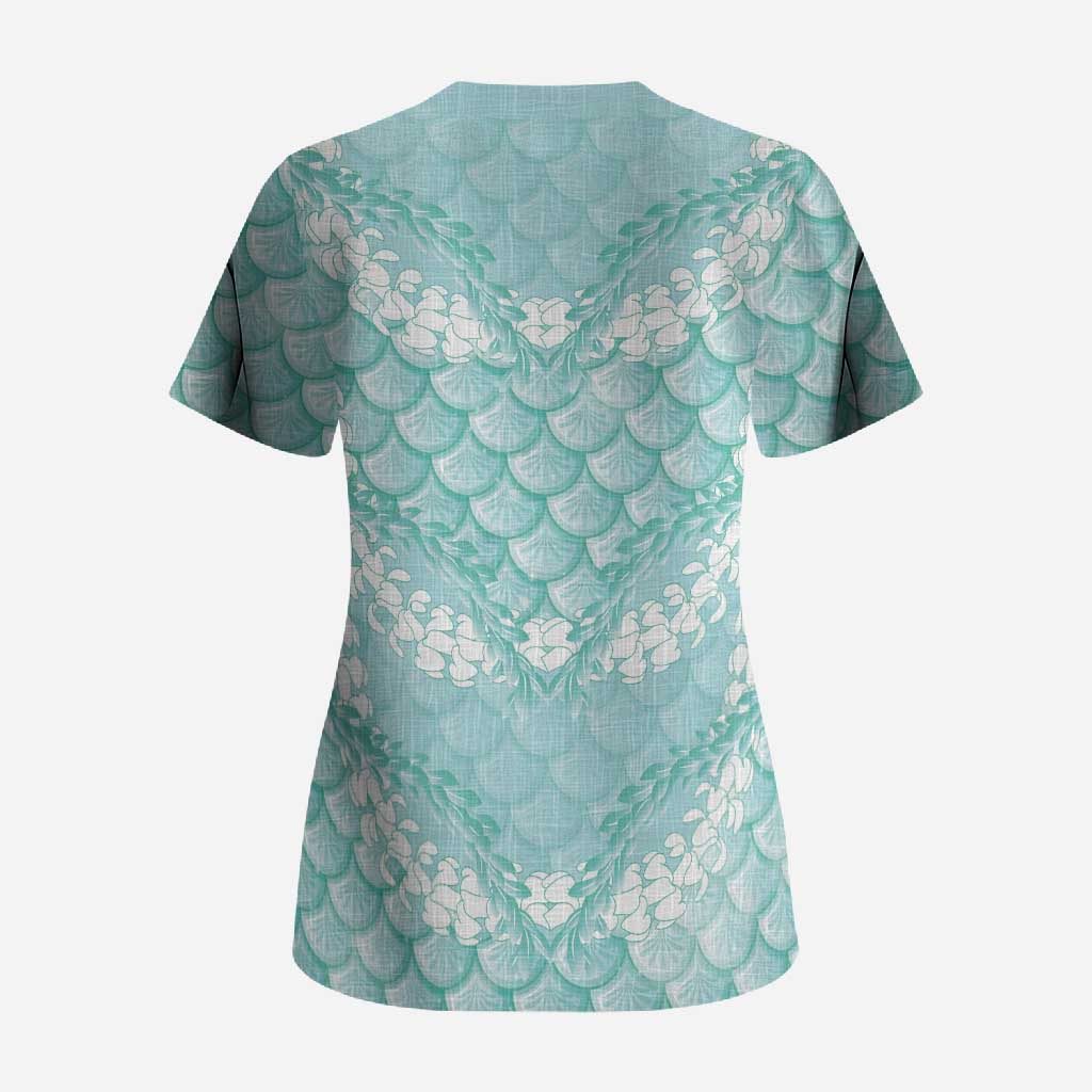 Light Turquoise Mermaid Puakenikeni Maile Lei Scrub Top LT01 - Polynesian Pride