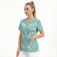 Light Turquoise Mermaid Puakenikeni Maile Lei Scrub Top LT01 - Polynesian Pride