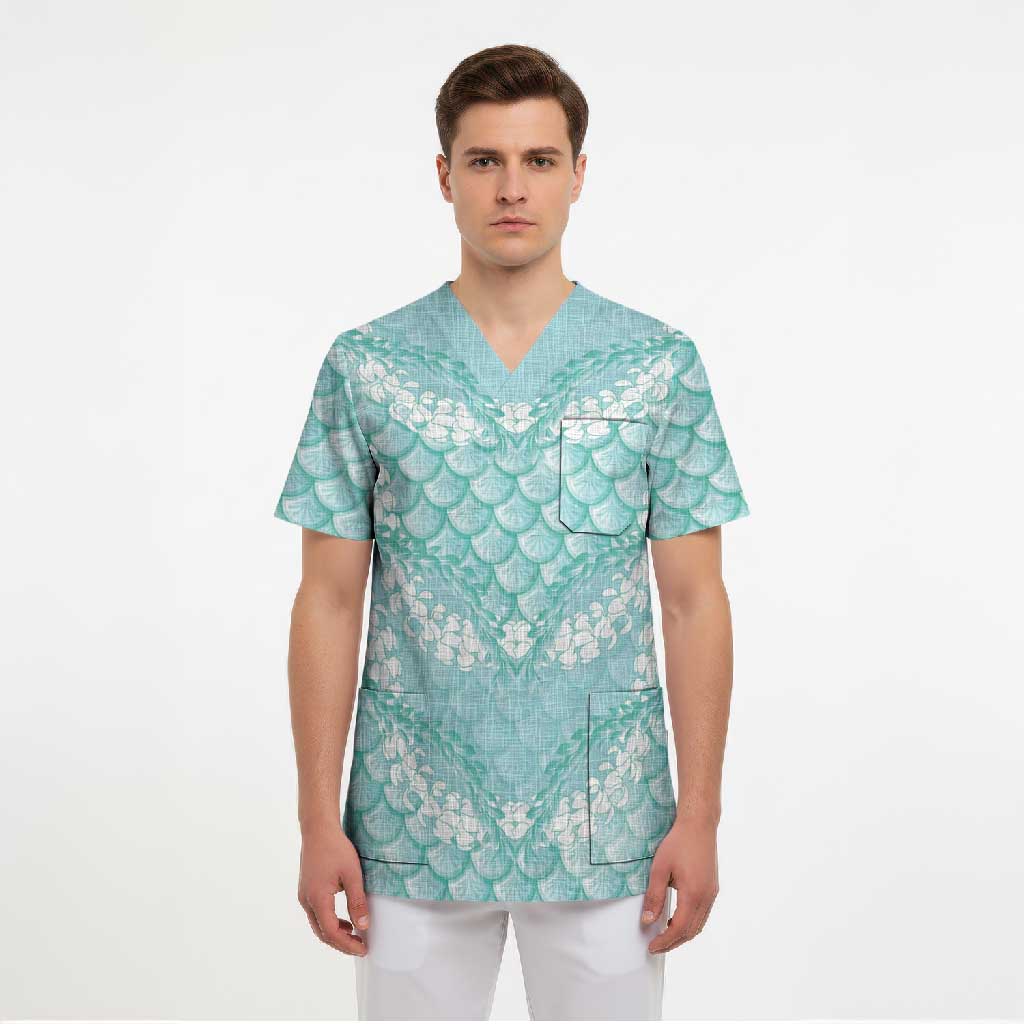 Light Turquoise Mermaid Puakenikeni Maile Lei Scrub Top LT01 - Polynesian Pride