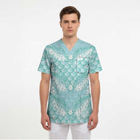 Light Turquoise Mermaid Puakenikeni Maile Lei Scrub Top LT01 - Polynesian Pride