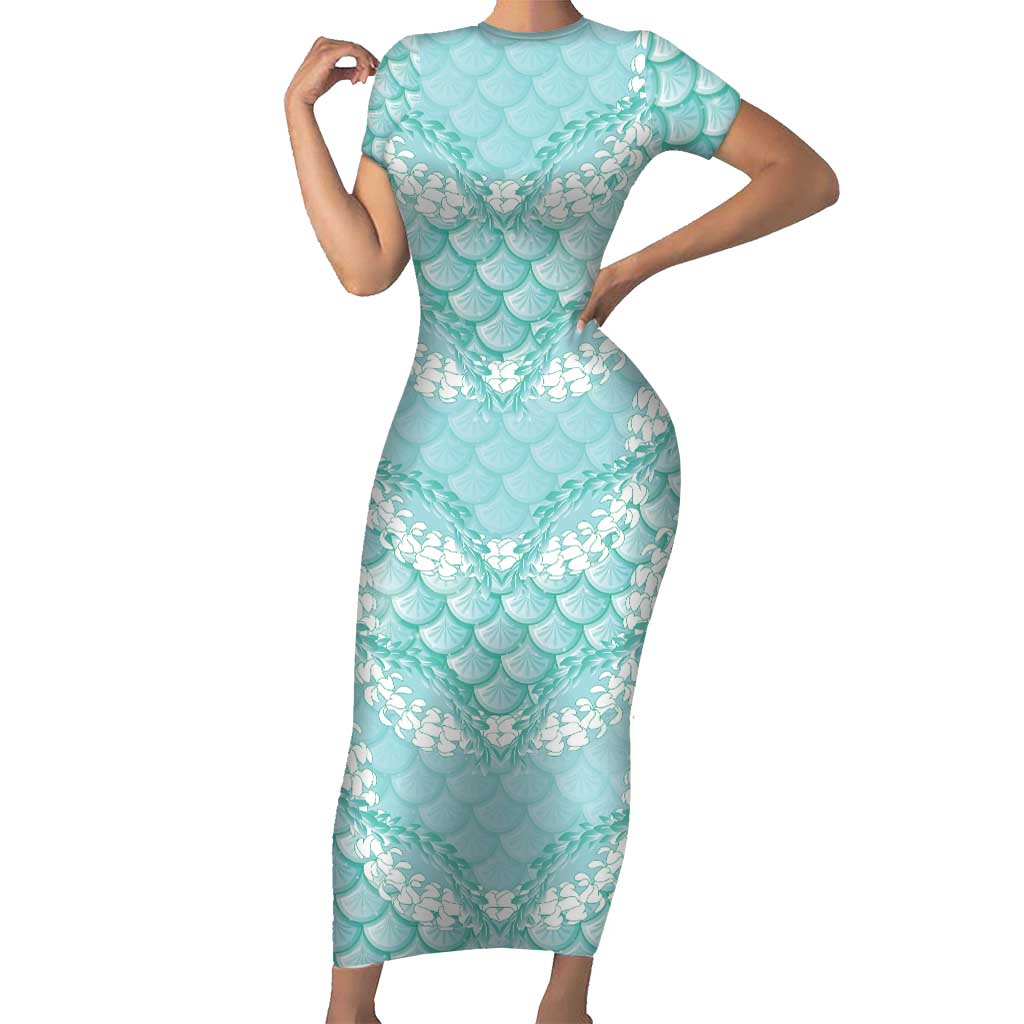 Light Turquoise Mermaid Puakenikeni Maile Lei Short Sleeve Bodycon Dress LT01 Long Dress Turquoise - Polynesian Pride