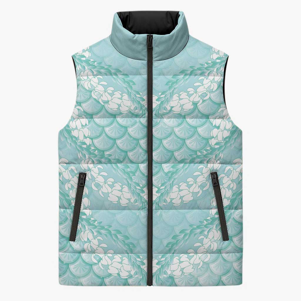 Light Turquoise Mermaid Puakenikeni Maile Lei Sleeveless Puffer Jacket