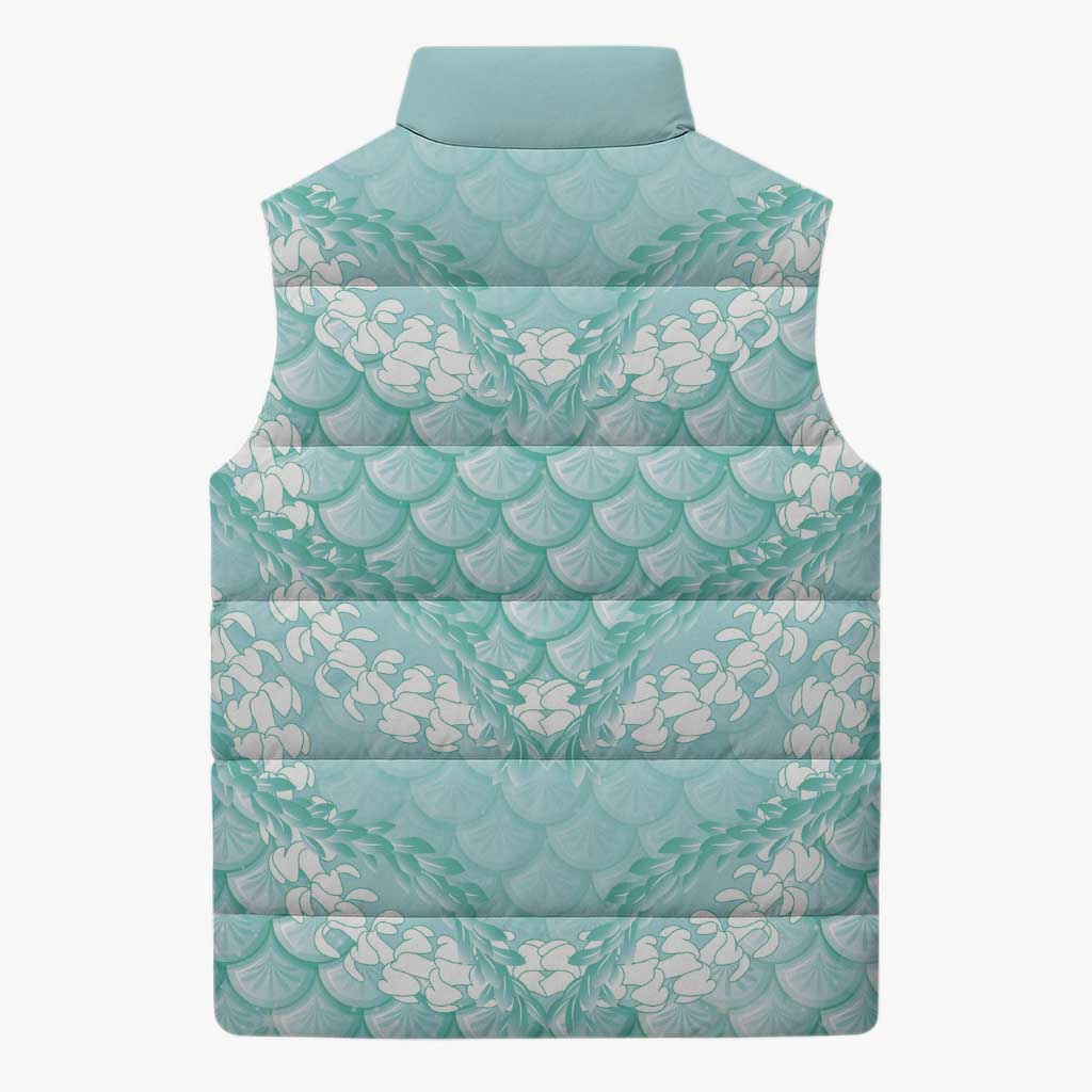 Light Turquoise Mermaid Puakenikeni Maile Lei Sleeveless Puffer Jacket LT01 - Polynesian Pride