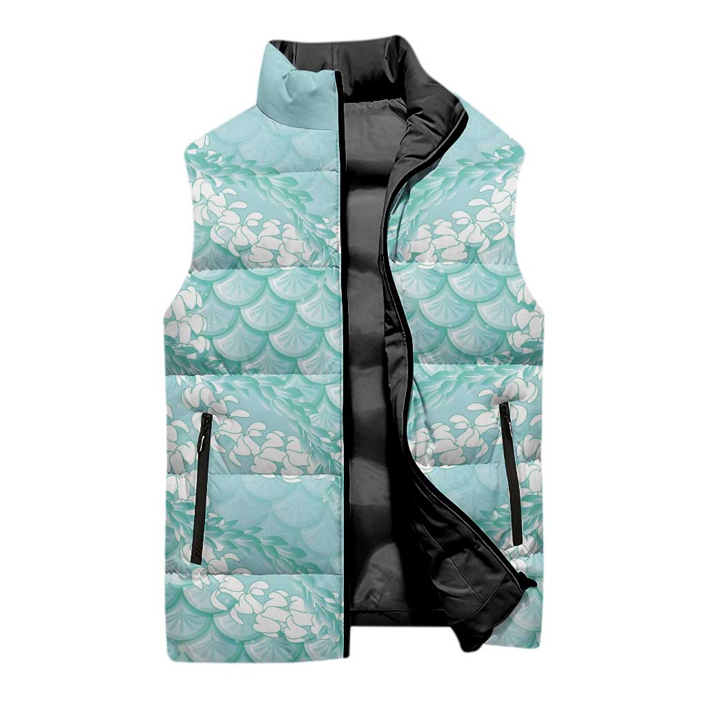 Light Turquoise Mermaid Puakenikeni Maile Lei Sleeveless Puffer Jacket LT01 - Polynesian Pride