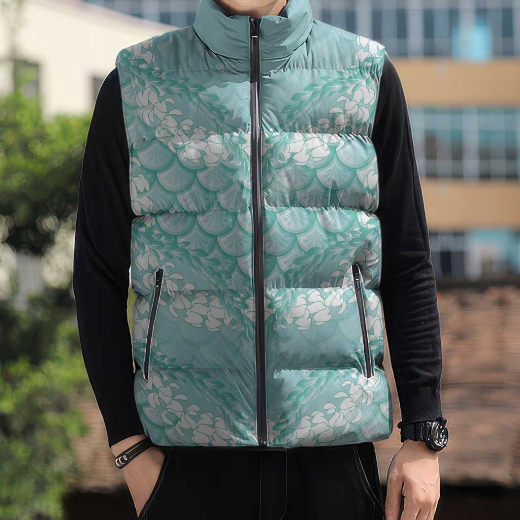 Light Turquoise Mermaid Puakenikeni Maile Lei Sleeveless Puffer Jacket LT01 - Polynesian Pride