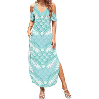 Light Turquoise Mermaid Puakenikeni Maile Lei Summer Maxi Dress LT01 Women Turquoise - Polynesian Pride