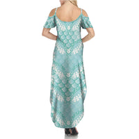 Light Turquoise Mermaid Puakenikeni Maile Lei Summer Maxi Dress LT01 - Polynesian Pride