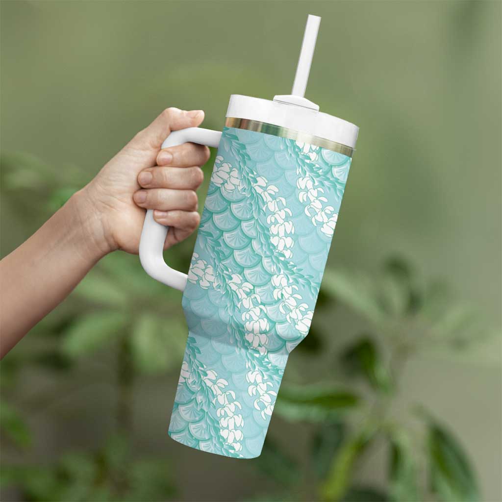 Light Turquoise Mermaid Puakenikeni Maile Lei Tumbler With Handle LT01 - Polynesian Pride