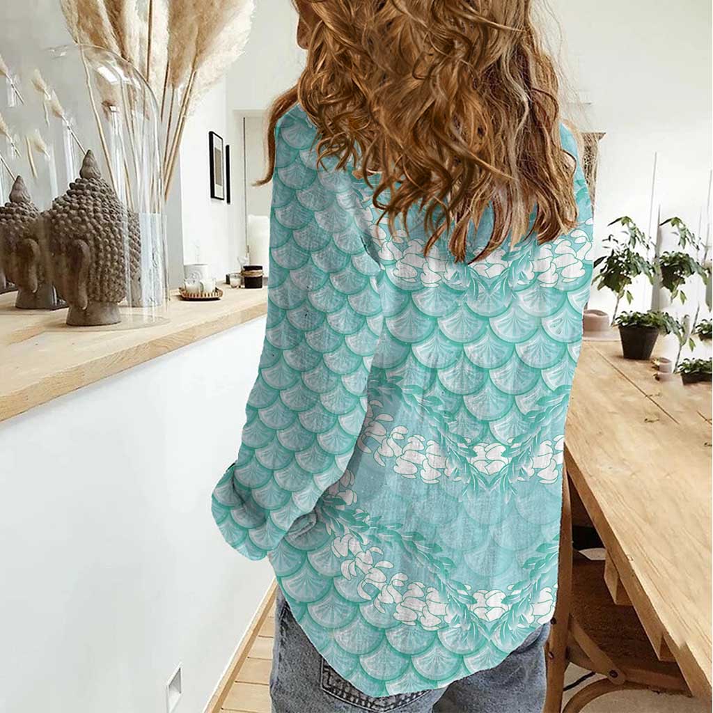Light Turquoise Mermaid Puakenikeni Maile Lei Women Casual Shirt LT01 - Polynesian Pride