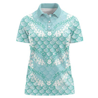 Light Turquoise Mermaid Puakenikeni Maile Lei Women Polo Shirt LT01 Female Turquoise - Polynesian Pride