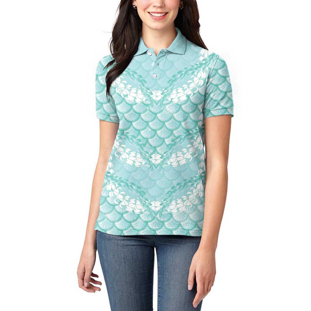 Light Turquoise Mermaid Puakenikeni Maile Lei Women Polo Shirt LT01 - Polynesian Pride