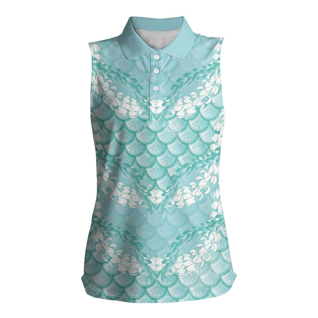 Light Turquoise Mermaid Puakenikeni Maile Lei Women Sleeveless Polo Shirt LT01 Female Turquoise - Polynesian Pride