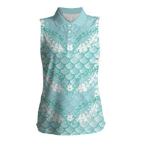 Light Turquoise Mermaid Puakenikeni Maile Lei Women Sleeveless Polo Shirt LT01 Female Turquoise - Polynesian Pride