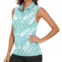 Light Turquoise Mermaid Puakenikeni Maile Lei Women Sleeveless Polo Shirt LT01 - Polynesian Pride